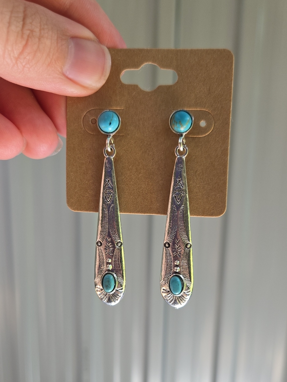 Turquoise Silver-Tone Drop Earrings - Unbranded